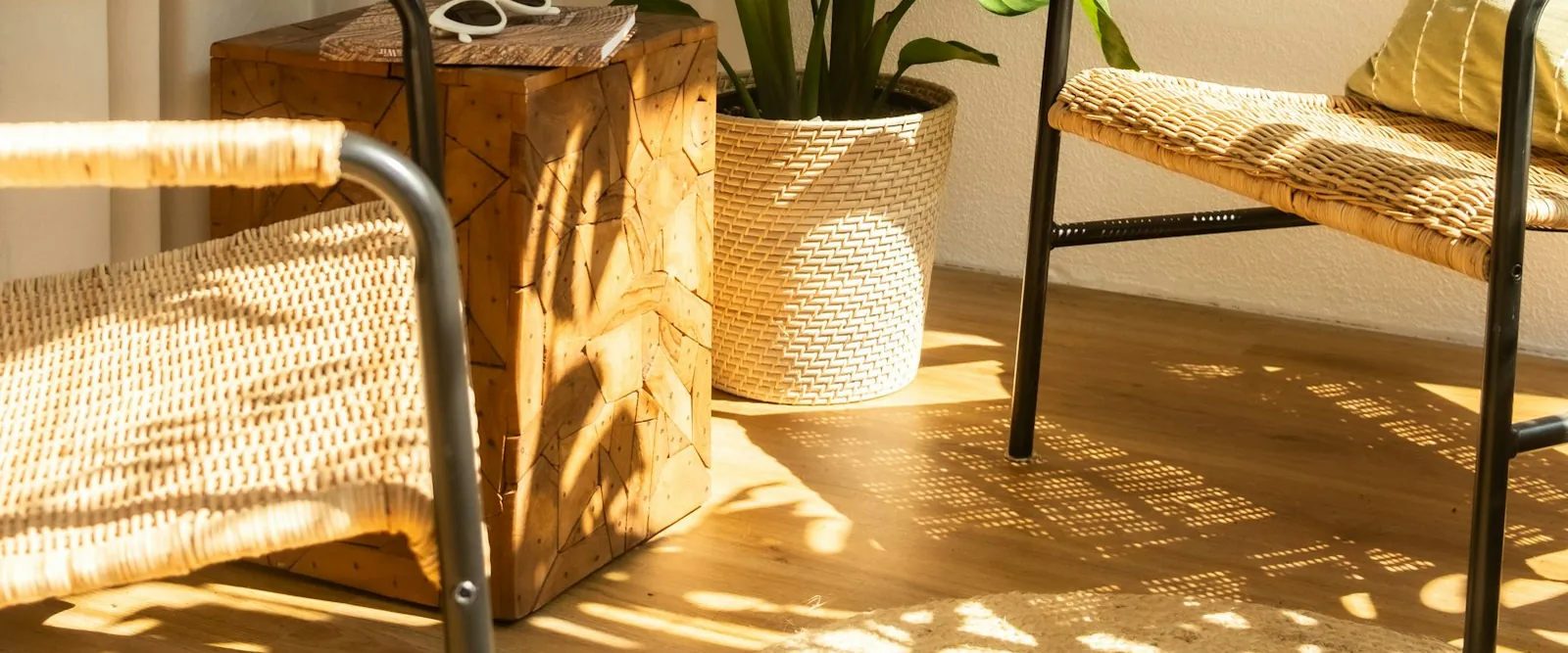 Sala de estar acolhedora com cadeiras de vime, luz quente e uma planta
